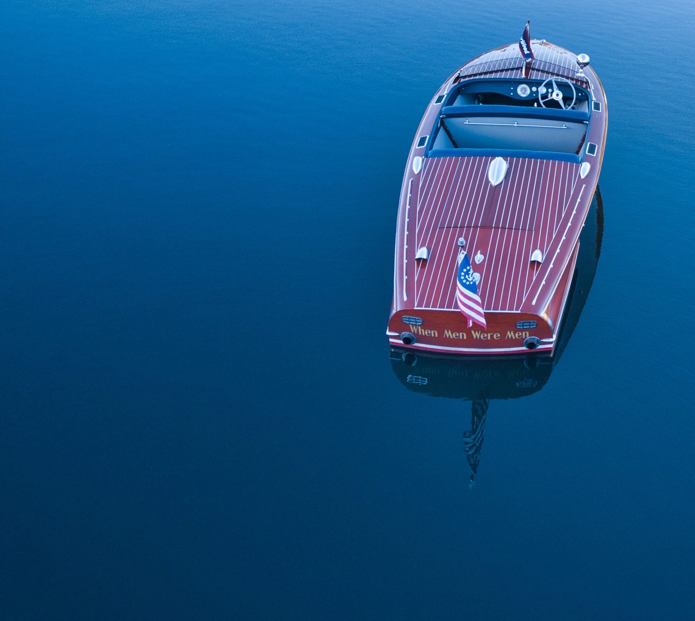 Classic wooden boat from above
